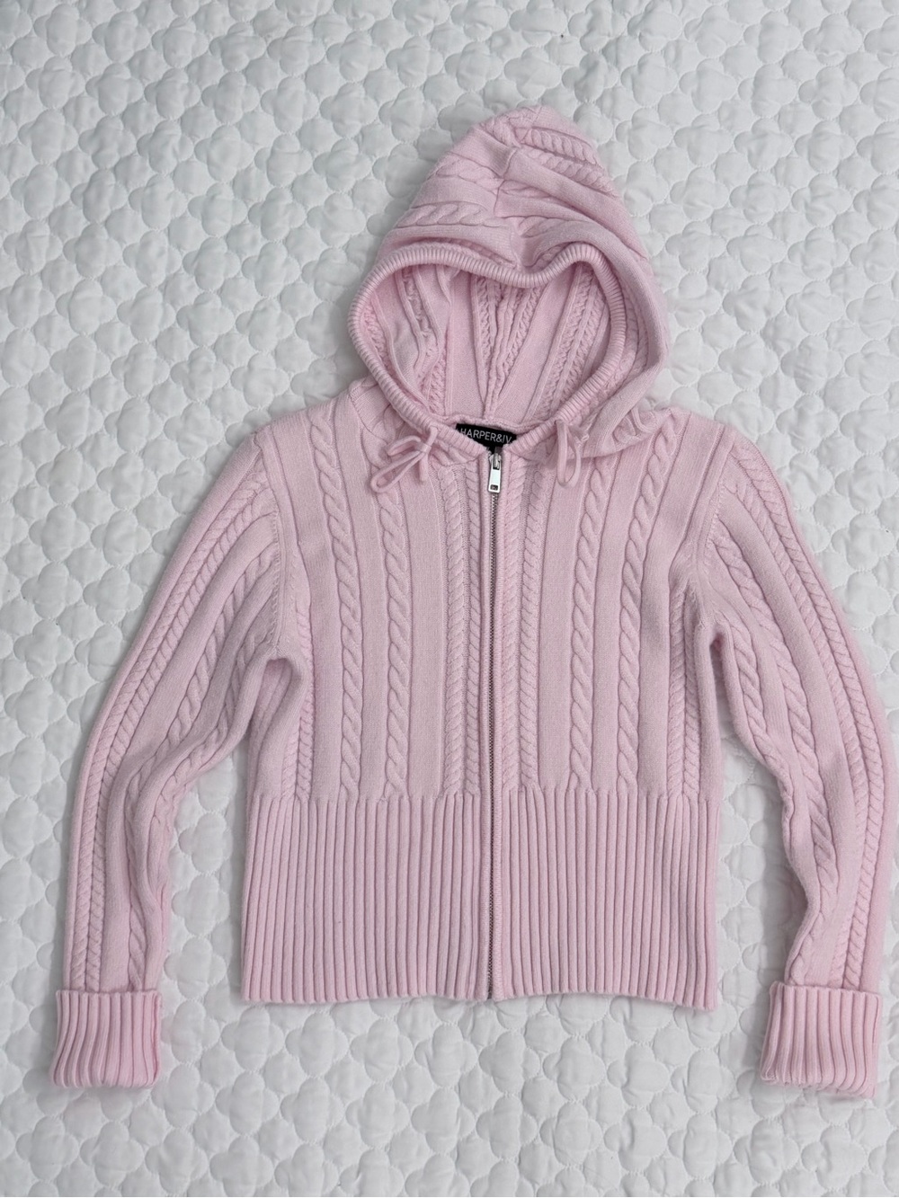 Harper &  Ivy Cable Knit Zip Hoodie Cardigan - Pale Pink